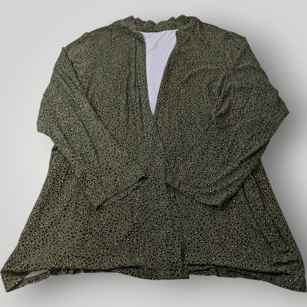 Women's XL Olive Green Cheetah Print Open Front Travel Knit STRETCH Cardigan